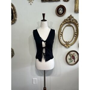 Vintage GLG Black Tie-Front Vest V-Neck Sleeveless Size Small